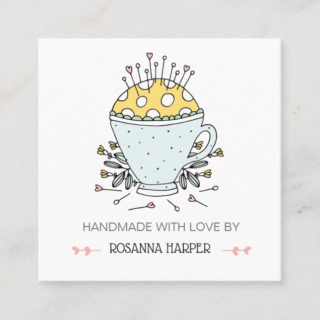 Lovely Hand-drawn Pincushion Quilter Sewing Biz Square Business Card (Front)