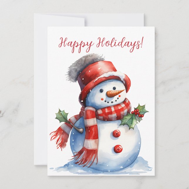 Lovely Happy Holidays Snowman Watercolor Cards (Front)
