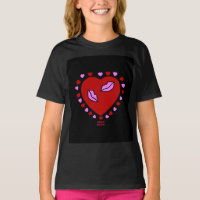 Lovely Heart Kisses Girls Basic Black T Shirt