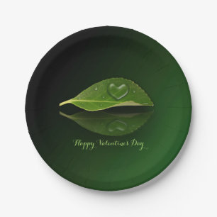 Lovely Heart-Shaped Water Droplet on Leaf Paper Plate