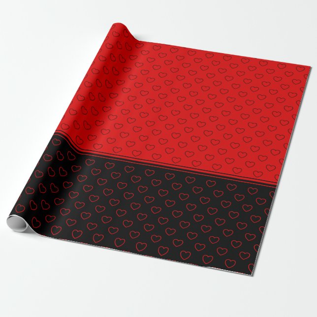 Lovely Hearts Pattern, Red And Black Wrapping Paper (Unrolled)
