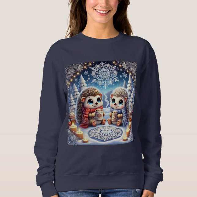 Lovely Hedgehog Scene Sharing Hot Cocoa Sweatshirt (Front)
