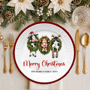Lovely Holiday whimsical cow watercolor christmas Paper Plate