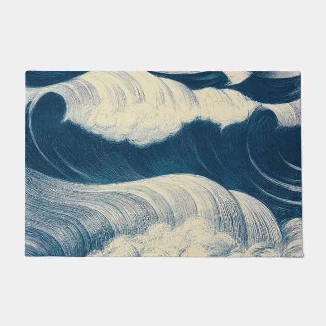 Lovely Japanese Wave Vintage Art, Blue Doormat (Front)
