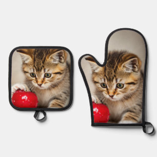 lovely kitten and love red apple oven mitt & pot holder set