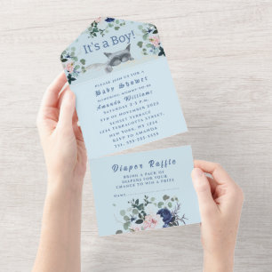Lovely Kitten Flowers Blue It's a Boy Baby Shower All In One Invitation