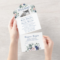 Lovely Kitten Flowers Blue It's a Boy Baby Shower