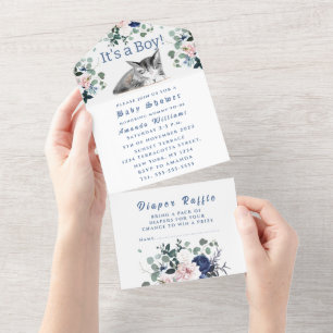 Lovely Kitten Flowers Blue It's a Boy Baby Shower  All In One Invitation