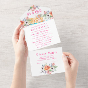 Lovely Kitten Flowers Pink It's a Girl Baby Shower All In One Invitation
