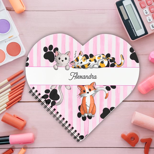 Lovely Kittens & paws, pink stripes heart shaped Notebook (Creator Uploaded)