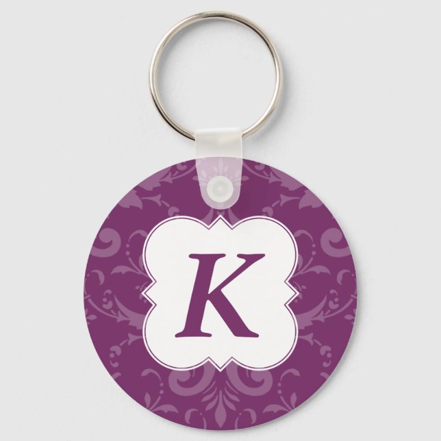 Lovely Labels Purple Damask Custom Initial Key Ring (Front)