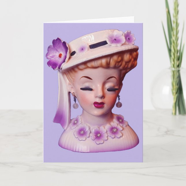 Lovely Lady Head Vase Purple Flowers 1960s Doll Card (Front)