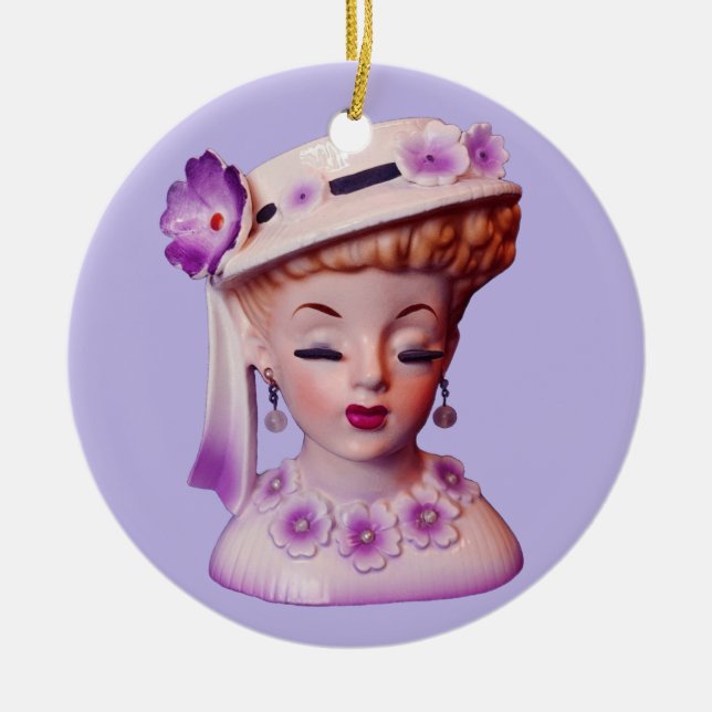 Lovely Lady Head Vase Purple Flowers 1960s Doll  Ceramic Tree Decoration (Front)