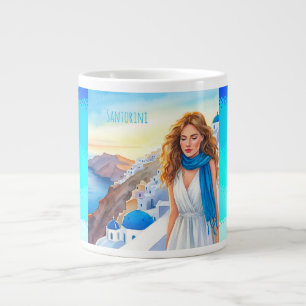 Lovely Lady in a blue Scraft  Enjoying Santorini Large Coffee Mug