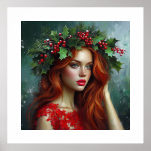 Lovely Lady in Red with Holly Leaves Poster
