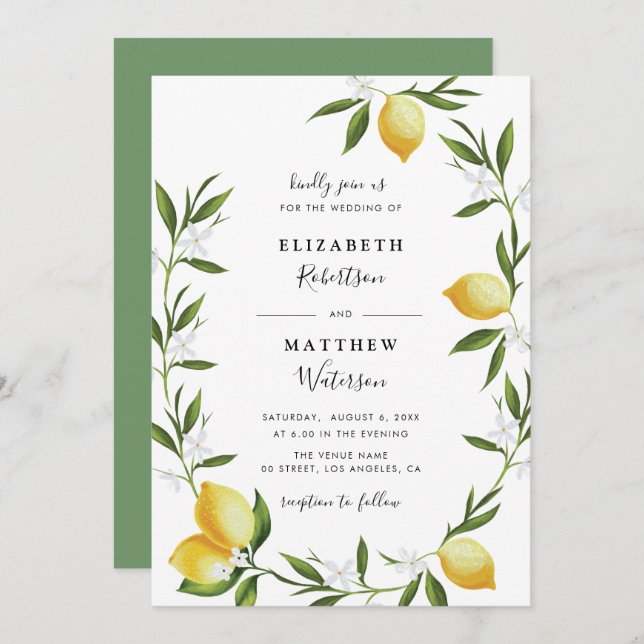 lovely lemon foliage wedding invitation (Front/Back)