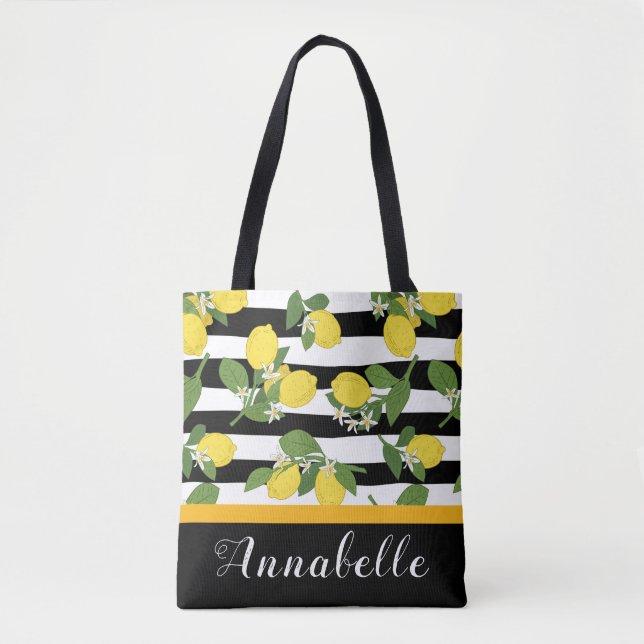 Lovely Lemons and Blossoms on Stripes Personalise Tote Bag (Front)