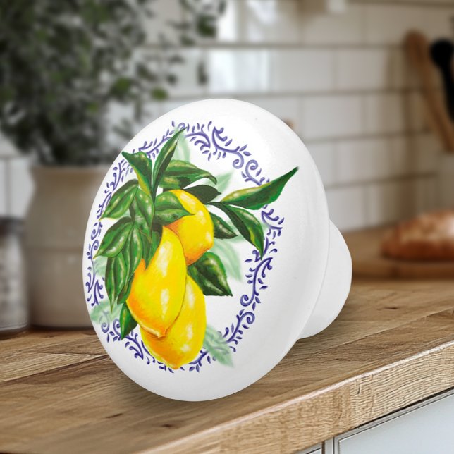 Lovely Lemons & Blue Toile Ceramic Knob (French European Country Kitchen Artisan Knobs with Lemons and Blue Toile)
