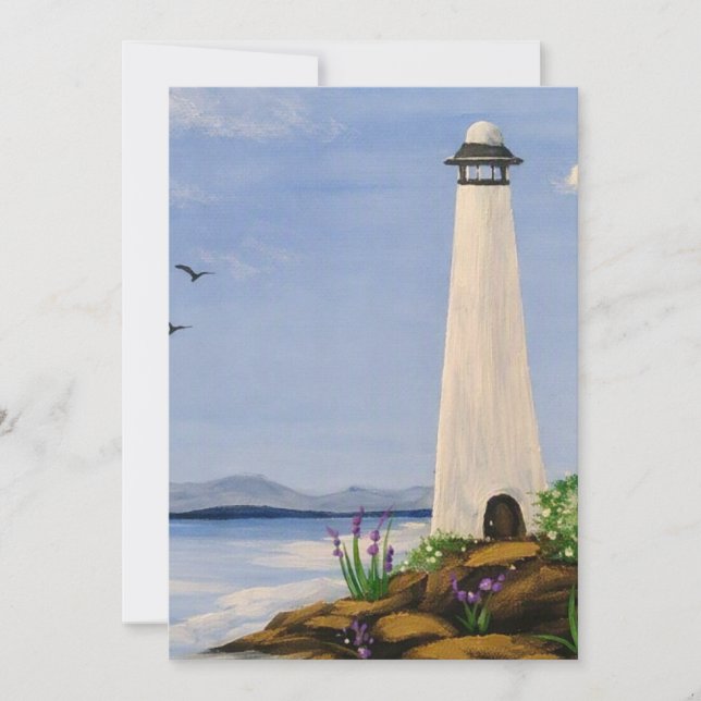 Lovely Lighthouse note card  on the Shore. (Front)
