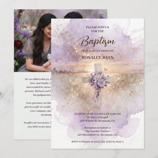 Lovely Lilac Christian Wildflowers Cross-Shape Invitation (Front/Back)