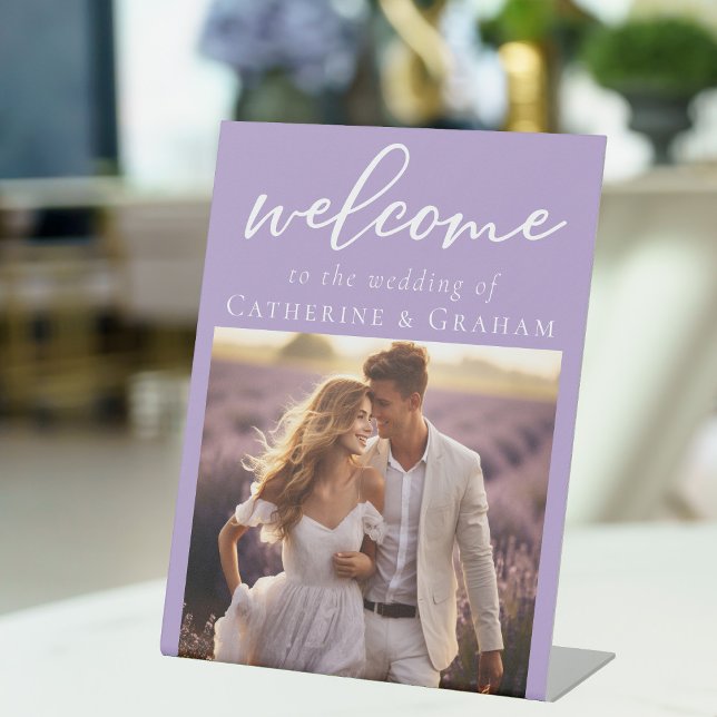 Lovely Lilac Purple Couple Photo Wedding Welcome Pedestal Sign (Creator Uploaded)