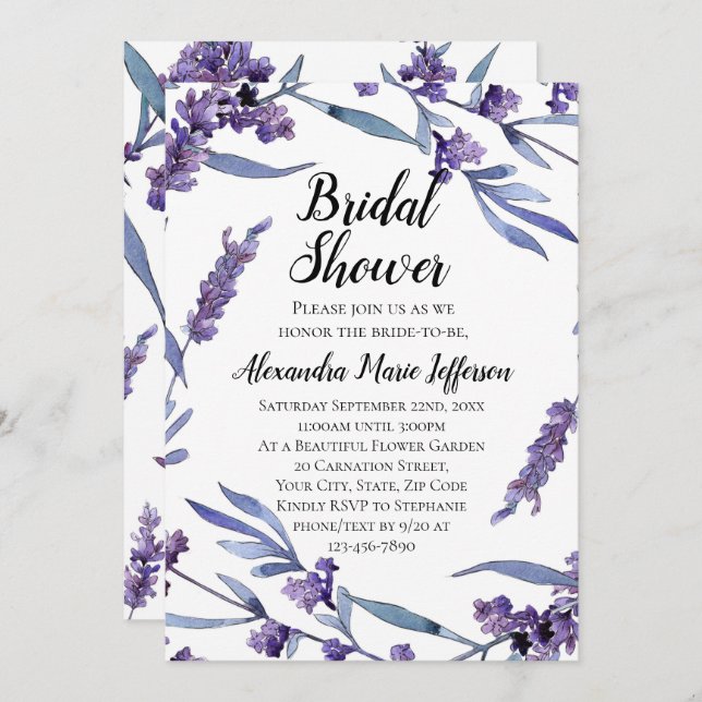 Lovely Lilac Watercolor Elegant Bridal Shower Invitation (Front/Back)