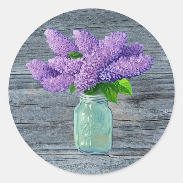 Lovely Lilacs  In Rustic Mason Jar Classic Round Sticker (Front)