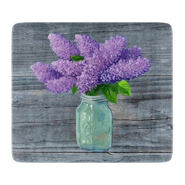 Lovely Lilacs  In Rustic Mason Jar Cutting Board (Front)