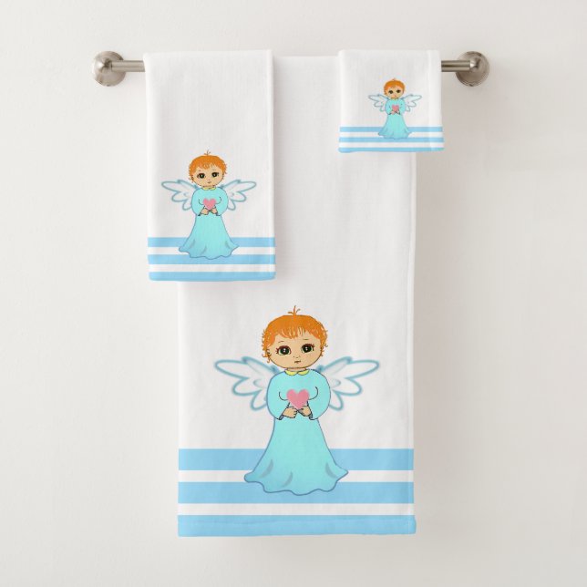 Lovely Little Angel & Turquoise Stripes Bath Towel Set (Insitu)