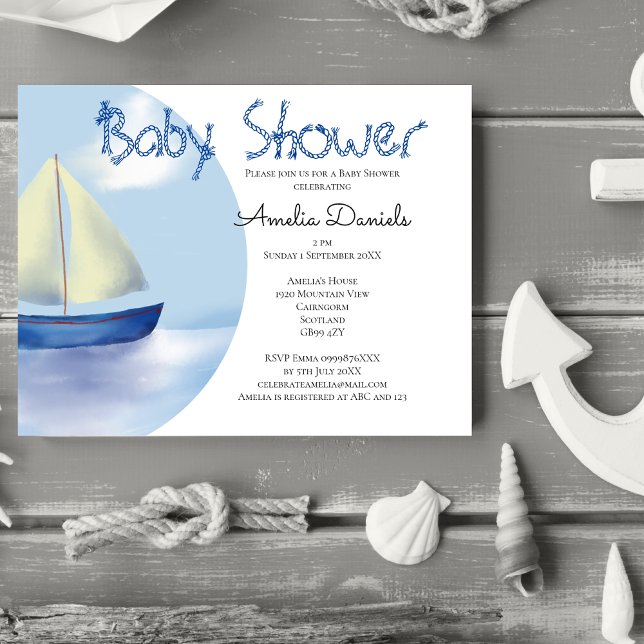 Lovely Little Blue Sailboat Baby Shower  Invitation (Drop anchor for a super cute baby shower with a nautical theme.)