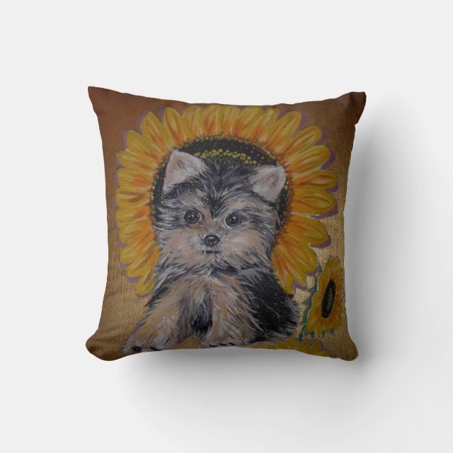 Lovely Little Dog and Sunflowers Cushion (Front)