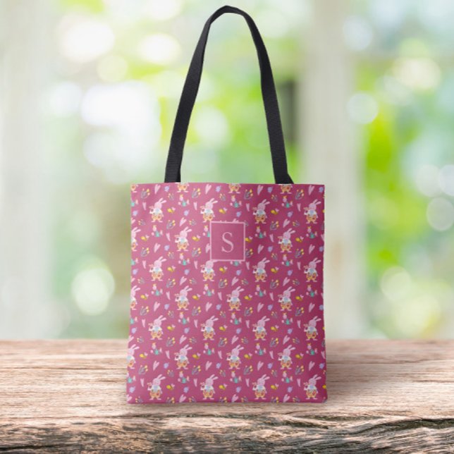 lovely magenta bunny garden pattern Monogram  Tote Bag (Creator Uploaded)