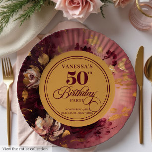 Lovely Maroon Blush Gold Floral 50th Birthday   Paper Plate