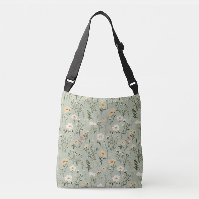 Lovely Meadow Flowers on Green Crossbody Bag (Front)