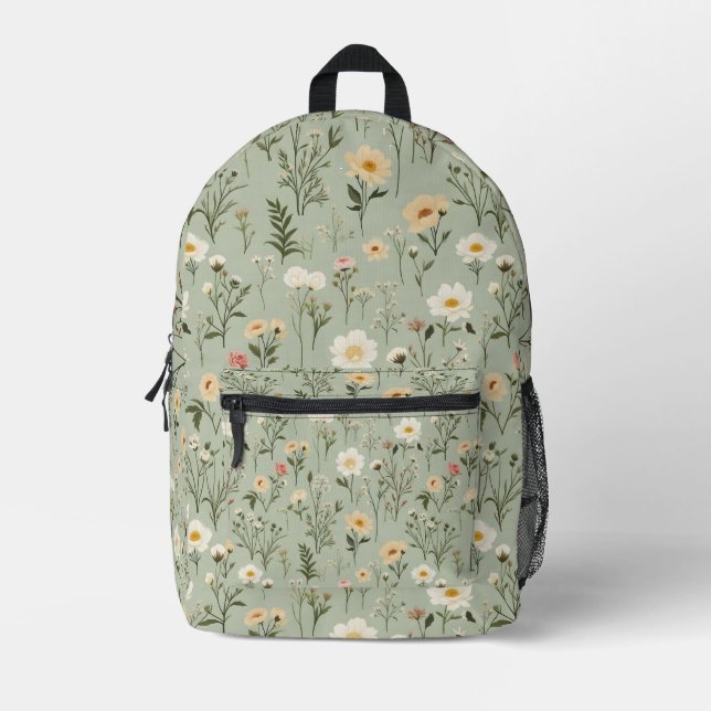 Lovely Meadow Flowers on Green Printed Backpack (Front)