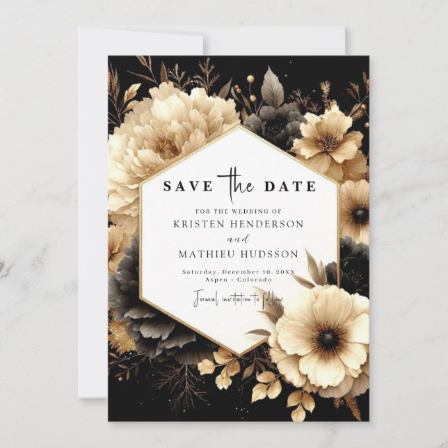 Lovely Minimalist Gold and Black Wedding Save The Date (Front)