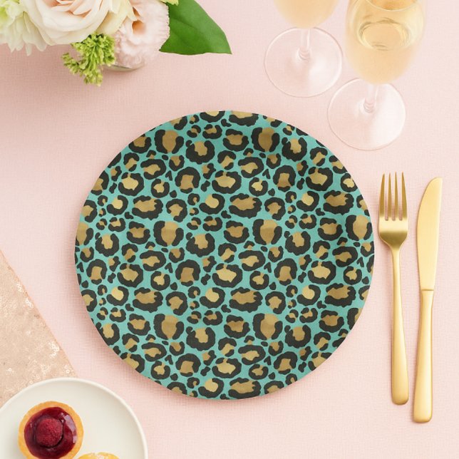 Lovely Mint & Gold Cheetah Print  Paper Plate (Creator Uploaded)