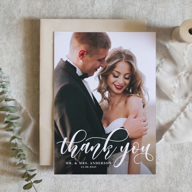 Lovely Modern Calligraphy Vertical Photo Wedding Thank You Card (Creator Uploaded)