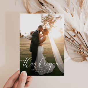 lovely modern script wedding thank you photo card