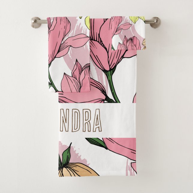 Lovely monogram hand drawn floral White and pink Bath Towel Set (Insitu)