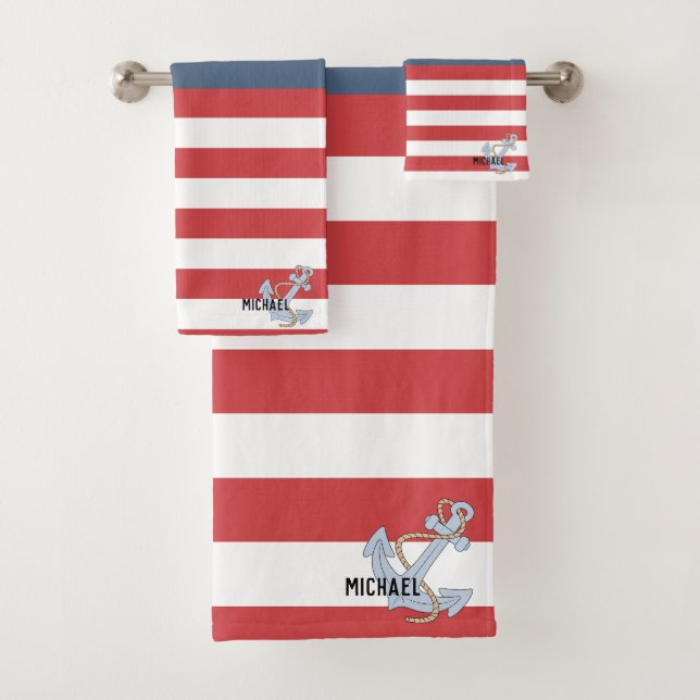 Lovely monogram with cute Anchor Navy and red Bath Towel Set (Insitu)