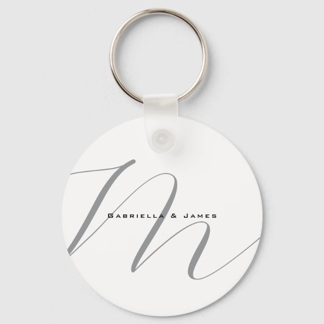 Lovely Monogrammed Black White Grey Calligraphy Key Ring (Front)