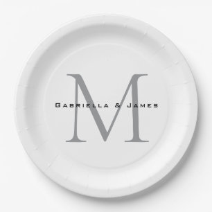 Lovely Monogrammed Black White Grey Calligraphy Paper Plate