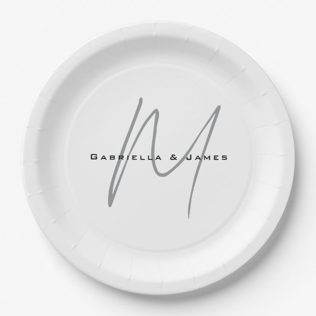 Lovely Monogrammed Black White Grey Calligraphy Paper Plate (Front)