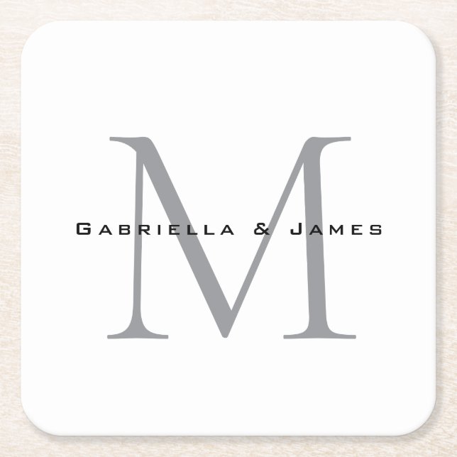 Lovely Monogrammed Black White Grey Calligraphy Square Paper Coaster (Front)