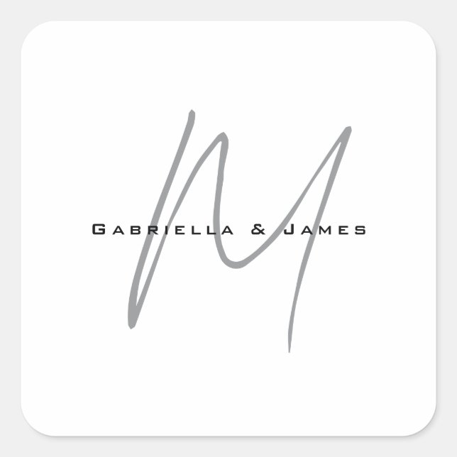 Lovely Monogrammed Black White Grey Calligraphy Square Sticker (Front)