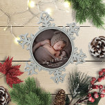 Lovely My First Christmas Newborn Baby Photo Snowflake Pewter Christmas Ornament<br><div class="desc">Simple lovely baby first Christmas ornament. Easy to personalise with your details. Please get in touch with me via chat if you have questions about the artwork or need customisation. PLEASE NOTE: For assistance on orders,  shipping,  product information,  etc.,  contact Zazzle Customer Care directly.</div>
