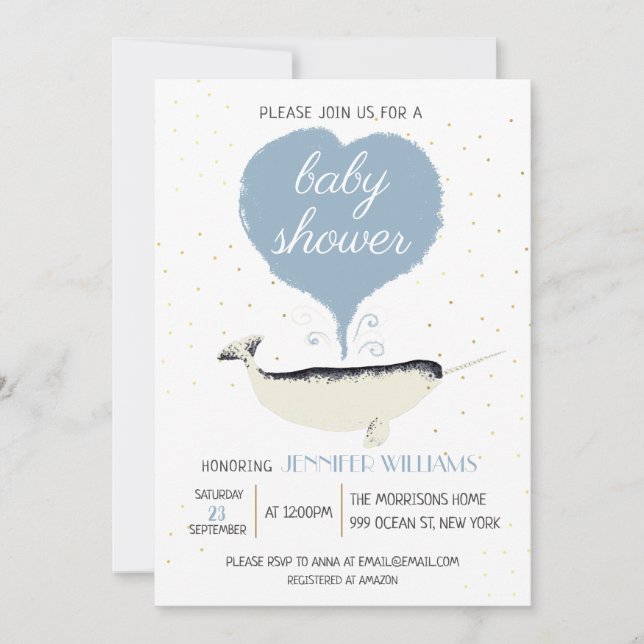 Lovely Narwhal Whale Baby Shower Invitation (Front)