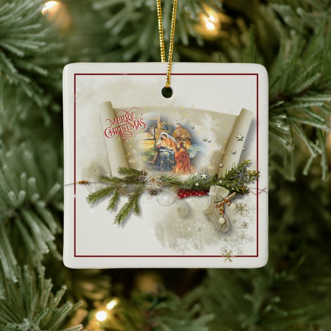 Lovely nativity collage custom holiday  ceramic ornament (Tree)