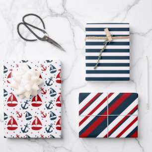 Lovely Nautical Themed Red and Blue Gift  Wrapping Paper Sheet